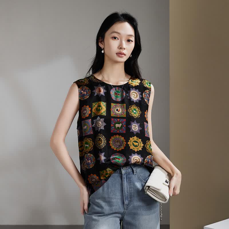 SOFSIL 2026 Summer New Chinese Style Print Sleeveless Silk Blend Shirt