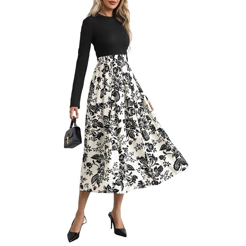 Autumn new simple semi-turtleneck print splicing long-sleeved dress