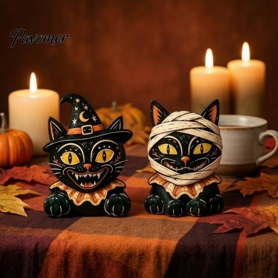 Wooden Cat Figurine Vintage Halloween Figurine, Rustic Witch Zombie Owl Frog Tabletop Decorative Ornament, Farmhouse Tiered Tray Decoration