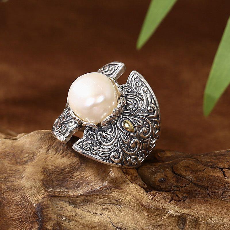 Adjustable Open Ring Women Sterling Vintage Shield Pendant With Pearl Embossed Design Retro Elegant Jewelry Adjustable Open Band