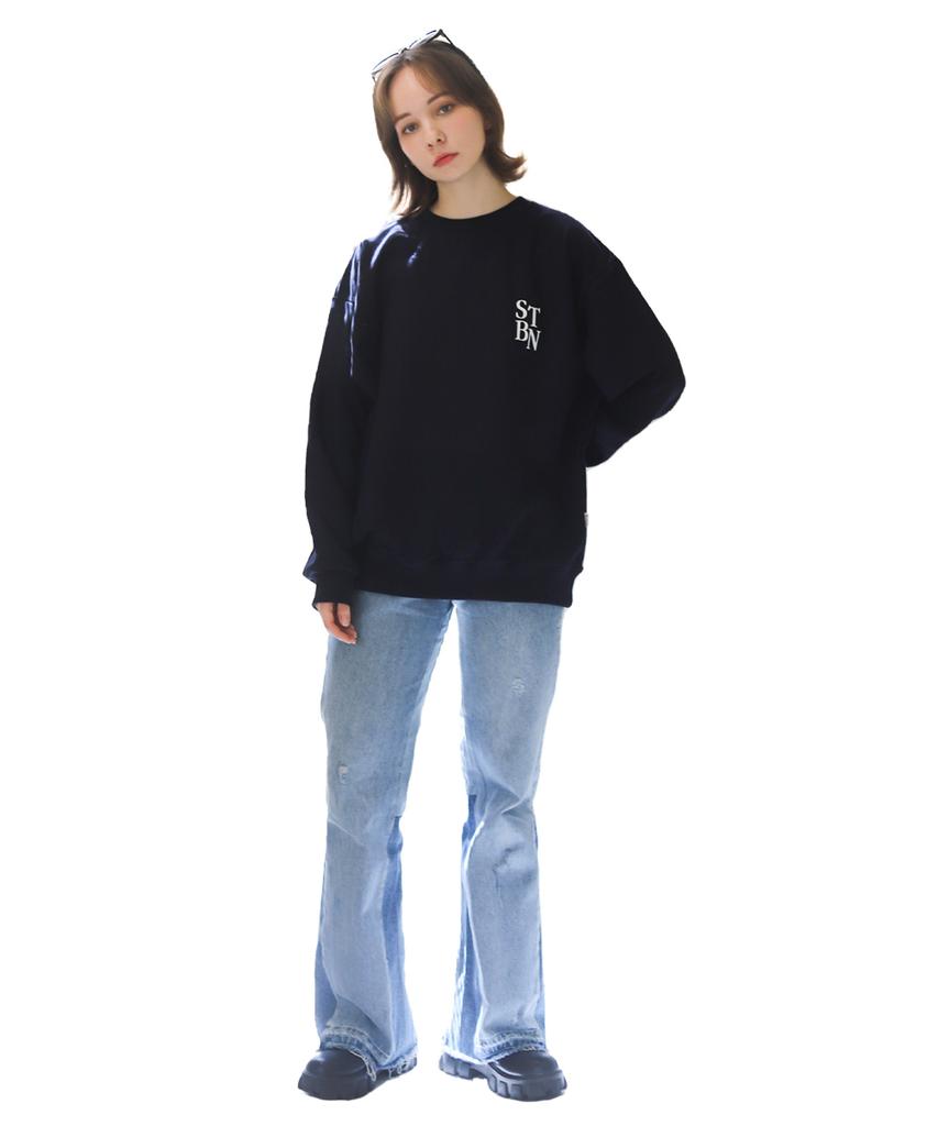 BONIEE [Fleece Lined] Back Circle Typo Graphic Logo Graphic Oversized Sweatshirt Navy