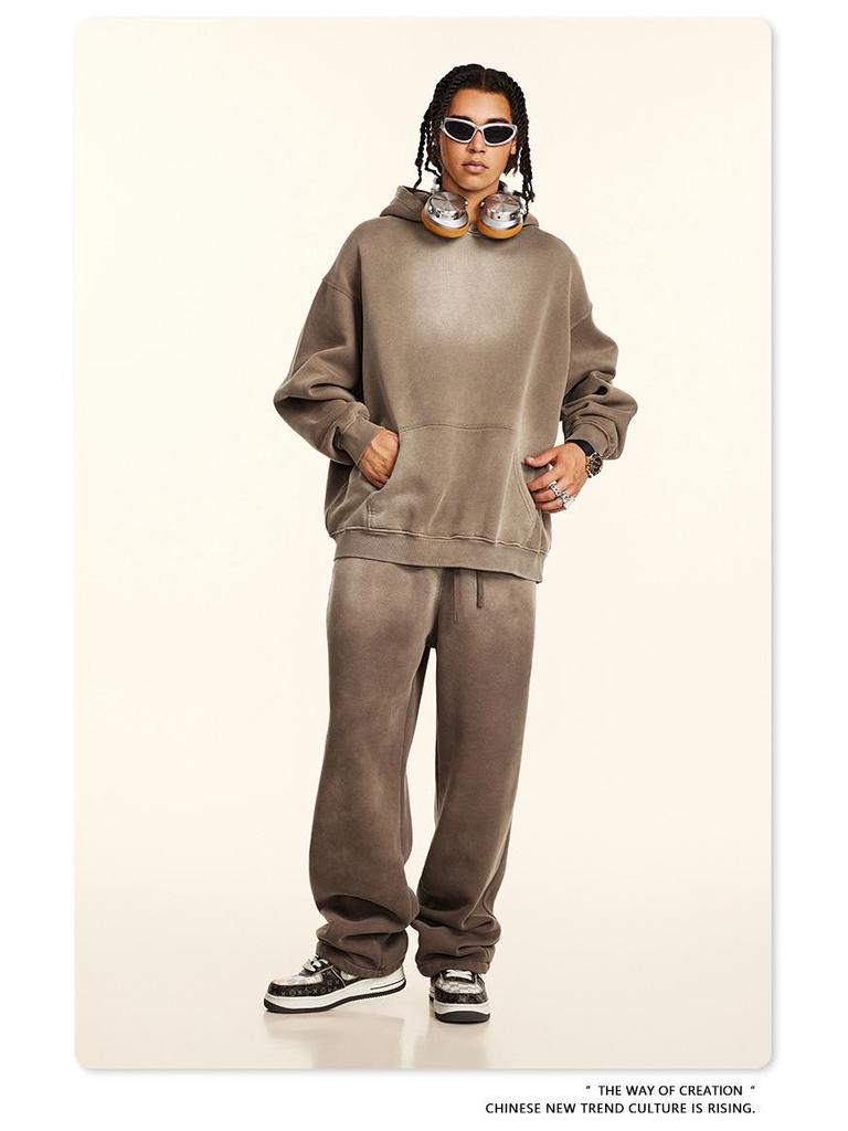 BE Men's Retro Distressed Spray Paint Velvet Hoodie & Sweatpants Set - Autumn 2025 Collection