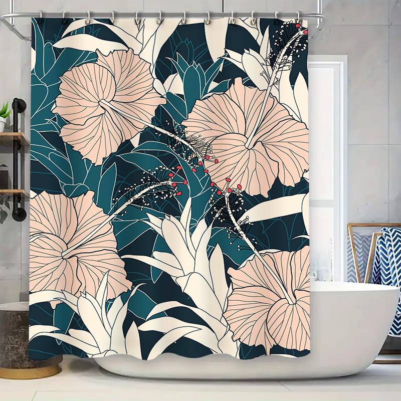 High-Quality Fabric Shower Curtain with White Hibiscus Flowers Printed in Greenish Blue Perfect Decor for Your Bathroom