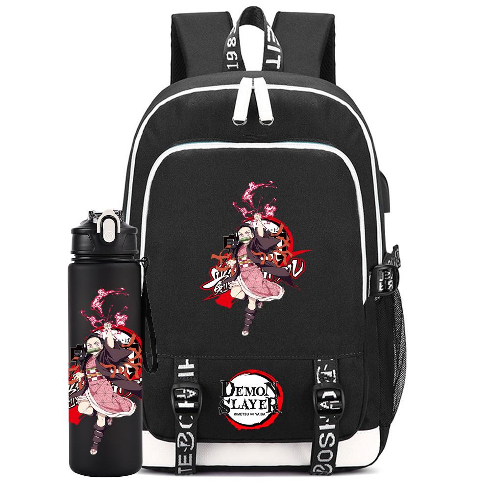 2Pcs/set Anime Demon Slayer Printed Backpack Large Capacity Waterproof Bookbag With 750ml Water Bottler Laptop Student Boy Girl Bookbag Gift