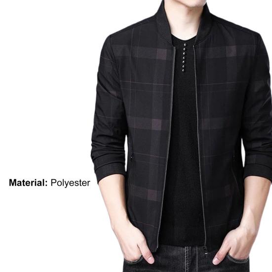 Men Coat Plaid Stand Collar Thin All Match Spring Jacket for Daily Wear