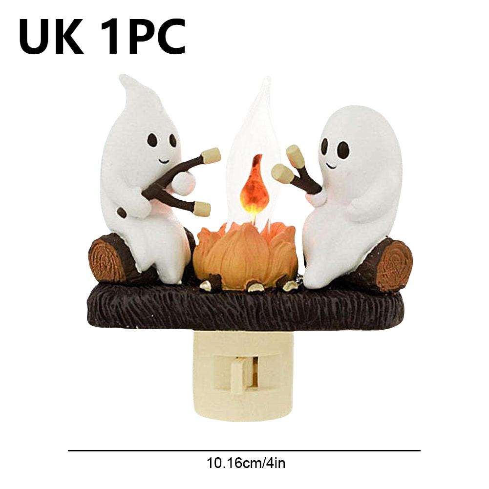 2025 Ghost Campfire Flickering Nightlight 2 Ghosts Roasting Plug Wall Spooky Fire Marshmallow Night Light for Halloween Decor