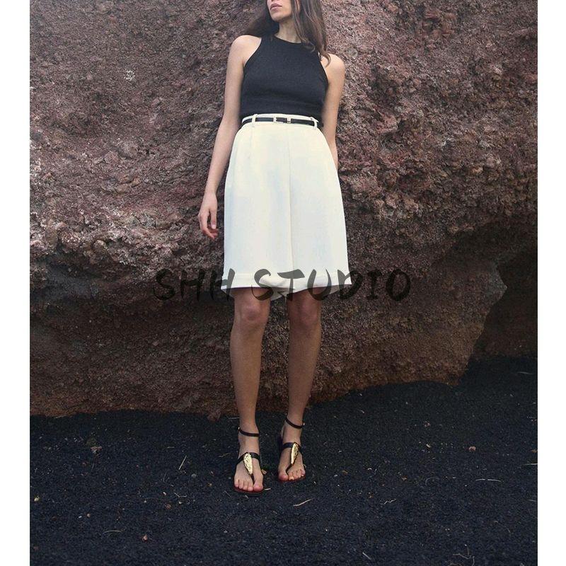 Spring and Summer Women's Clothing Pleated Decorative Sleeveless round Neck with Belt Patchwork Elegant Short Jumpsuit 5029075