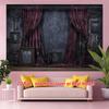 2D Dark Academia Room Backdrop, Ornate Red Curtains, Candelabra & Antique Frames Decor