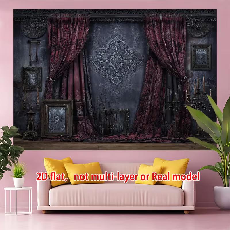2D Dark Academia Room Backdrop, Ornate Red Curtains, Candelabra & Antique Frames Decor