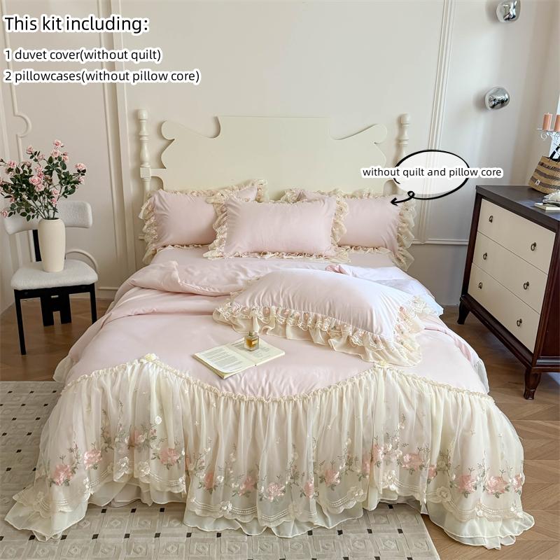 

Комплект пододеяльников в корейском стиле, 3 шт. (1*Пододеяльник + 2*Наволочки, без сердцевины), Кружевной вышитый постельный комплект 135x200cm 3pcs розовый
