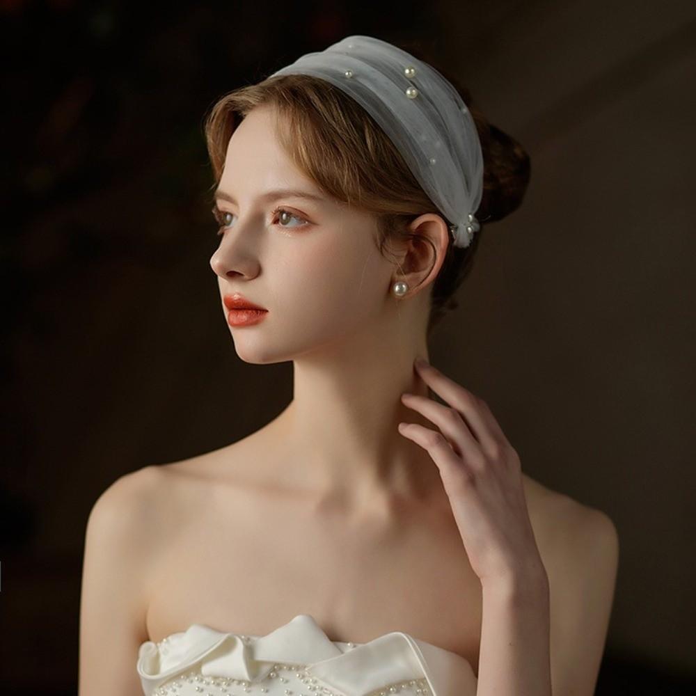 Hair Ornament Brides Beaded Hairband Pearl Ribbon Pearl Headband Elegant Detachable Bridal Veil