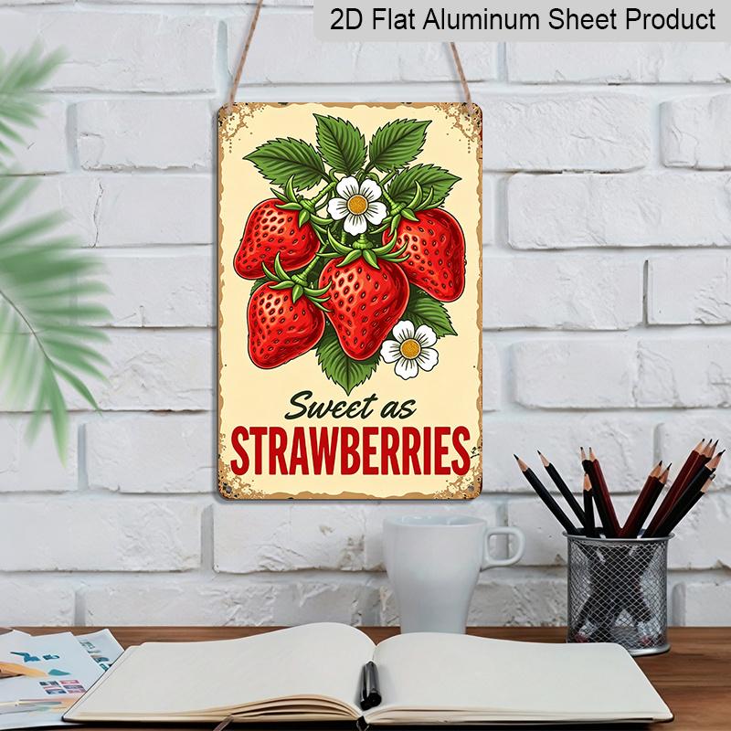 2D Flat, "Sweet As Strawberries" Vintage Aluminum Sign - Retro Fruit Wall Decor Kitchen Decor, Pantry, Farmhouse Decor, Cottage Decor, Fruit Stand