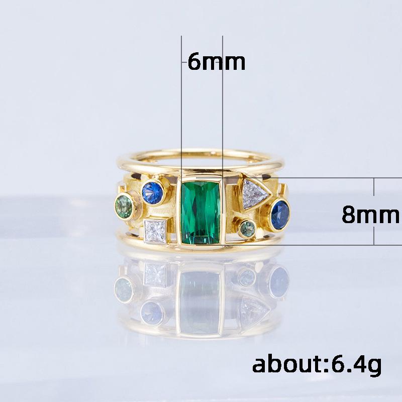 Gold Retro Geometric Ring with Green Zircon for Women