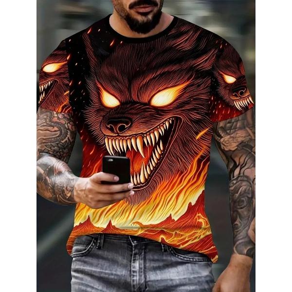 Summer Round Neck 3D Print Wolf Pattern Top Fashionable Casual Short Sleeved Men's T-shirts