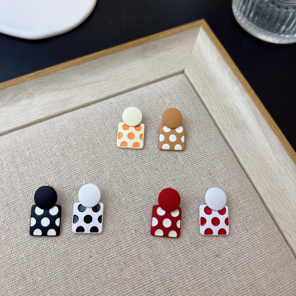 Retro Cute Red Asymmetrical Polka Dots Geometric Square Round Splicing Stud Earrings for Women Daily Wear Trendy Jewelry Gifts