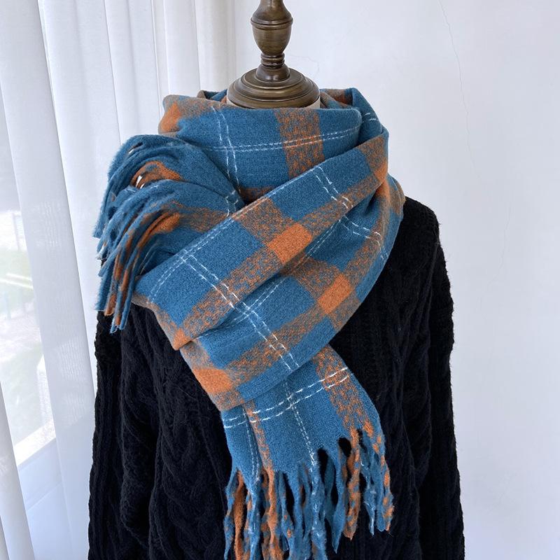 Luxury Autumn Winter Korean Plaid Scarf Women Thickening Warm Tassel Shawl Cashmere Imitation Muffler Fashion Designer Scarves