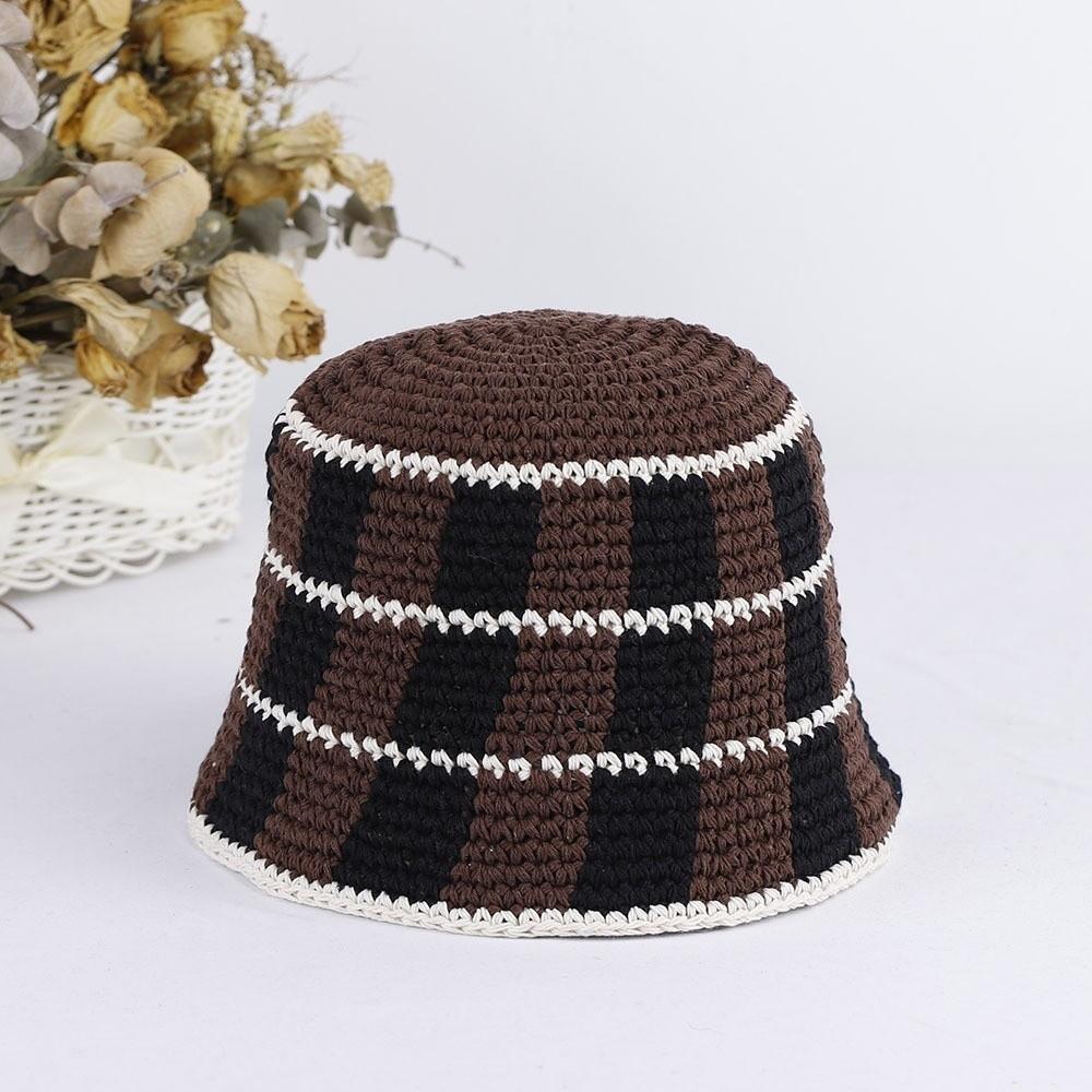 Crochet Striped Bucket Hat Thermal Panama Hat Casual Cold Cap Beach