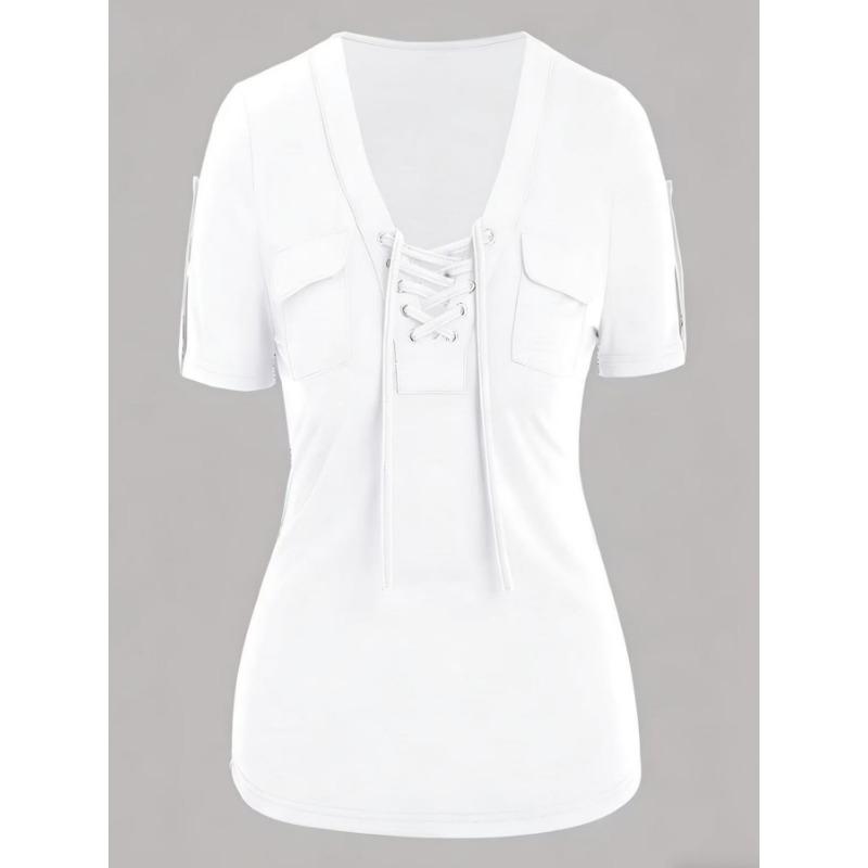 Women S Casual Short Sleeve V Neck Lace Up Solid Color T Shirt