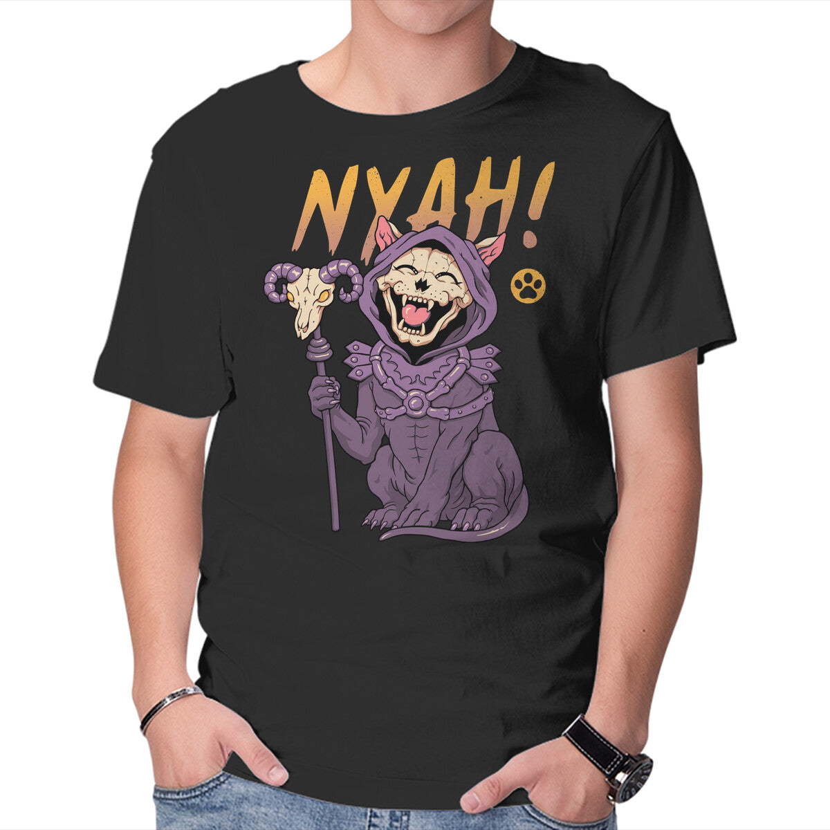 Unisex Crew Neck T-Shirt Nyah Skeleton Cat Graphic Short Sleeve Casual Tee L