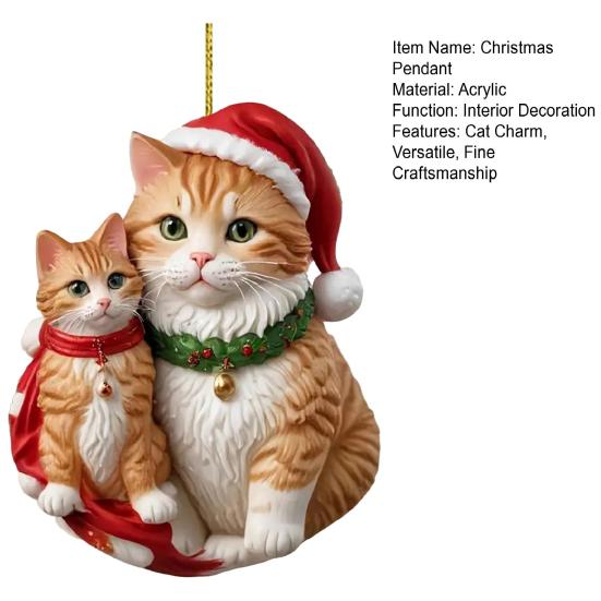 Christmas Pendant 2D Acrylic Cat Wearing Xmas Hat Charm Car Hanging Ornament Festive Atmosphere