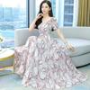2026 Women's Summer Fashion: Short Sleeve Plus Size Slimming Dress with Printed Long Skirt