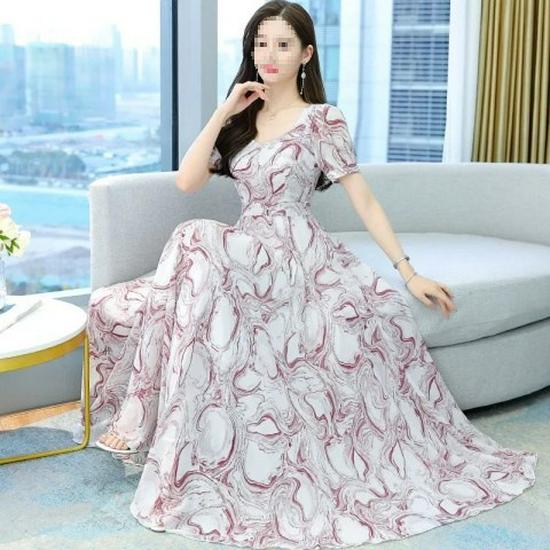 2026 Women's Summer Fashion: Short Sleeve Plus Size Slimming Dress with Printed Long Skirt