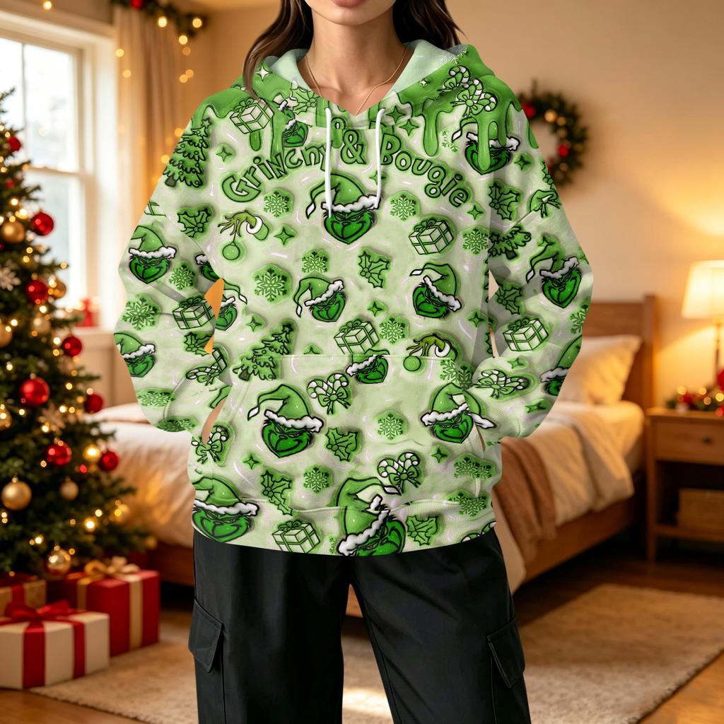 Women's Fashion Casual Christmas Print Hooded Sweatshirt with Pockets