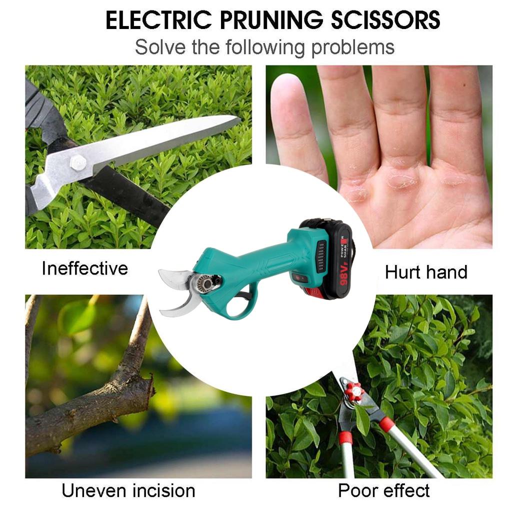 98V Cordless Pruner Electric Pruning Shear with 9700mAh Lithium-ion Battery Efficient Fruit Tree Bonsai Pruning Branches Cutter 500W
