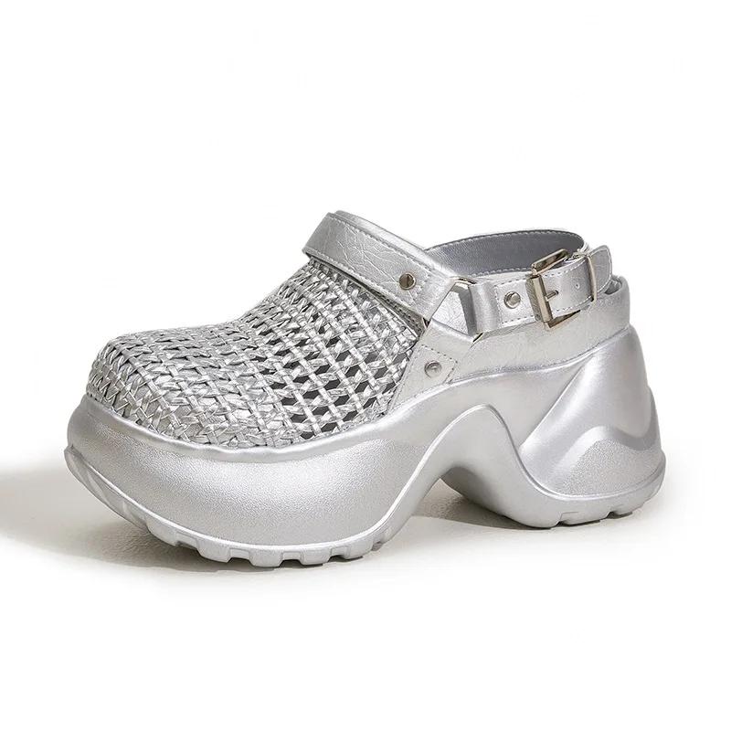 Fashion Thick Soled Sandals Women Summer 2025 New Hollow Out Breathable Sandals Versatile Silver Black Height Increasing Women's Shoes