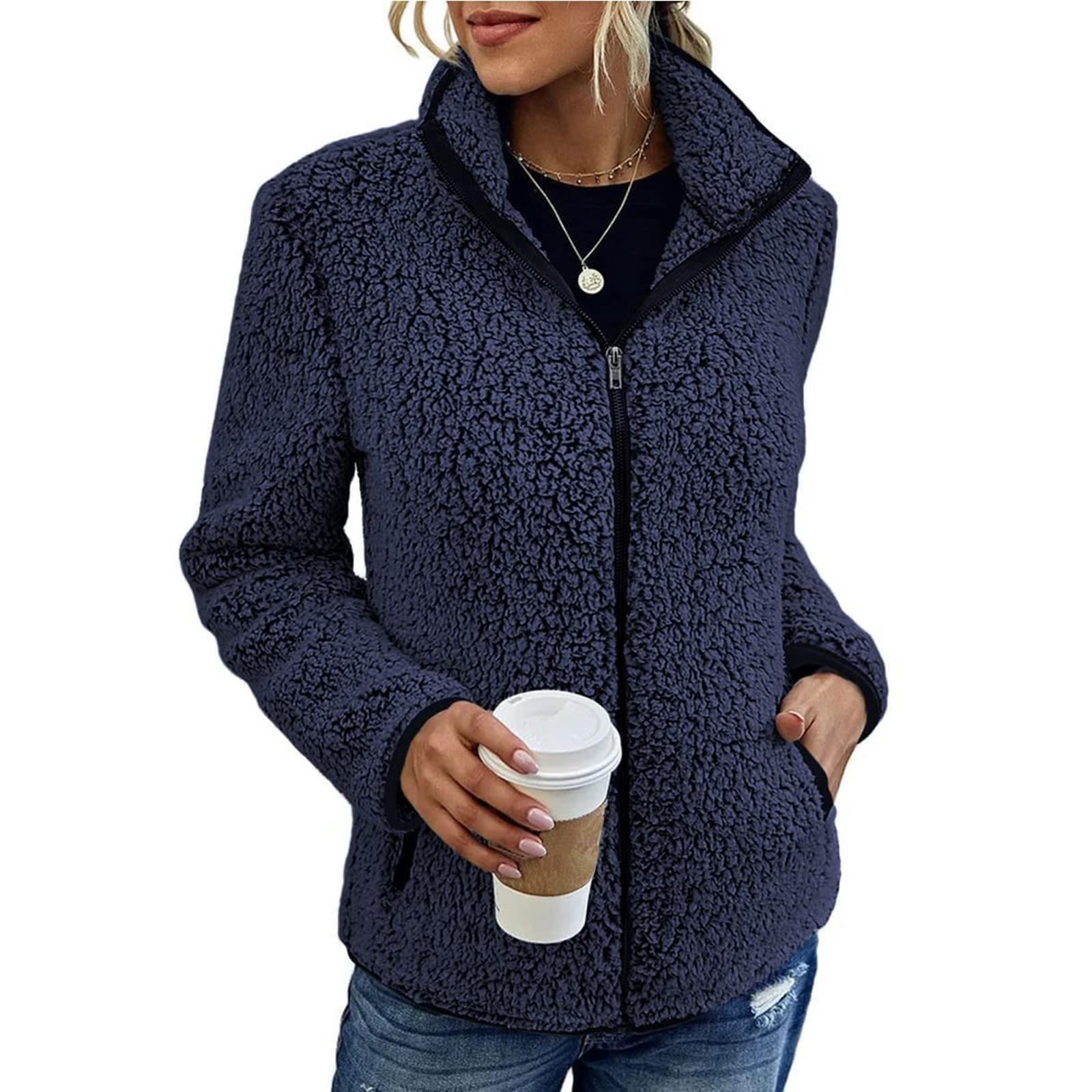 

Женская однотонная повседневная модная флисовая куртка с длинными рукавами на молнии M тёмно-синий