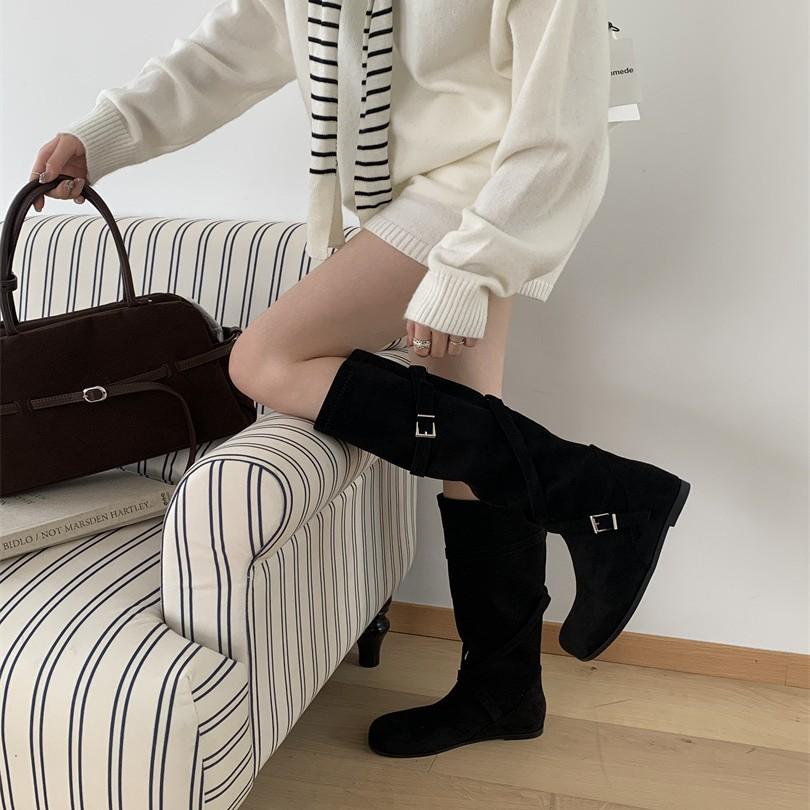 Black Boots Women's Long Boots American Daughter Style Autumn and Winter Retro Inner Height Increase But Knee Maillard Skinny Denim