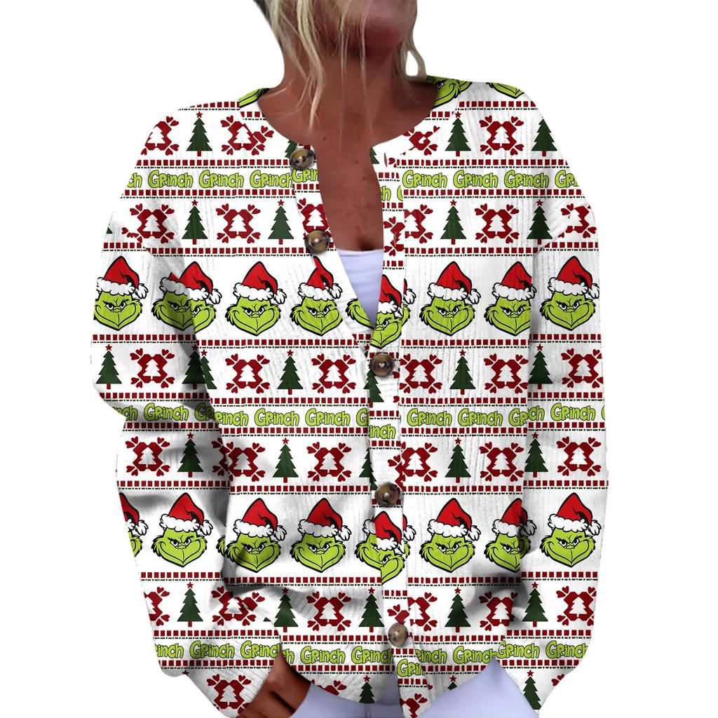 Women's Fashion Christmas Printed Long Sleeve Knitted Cardigan Button Down Jacket