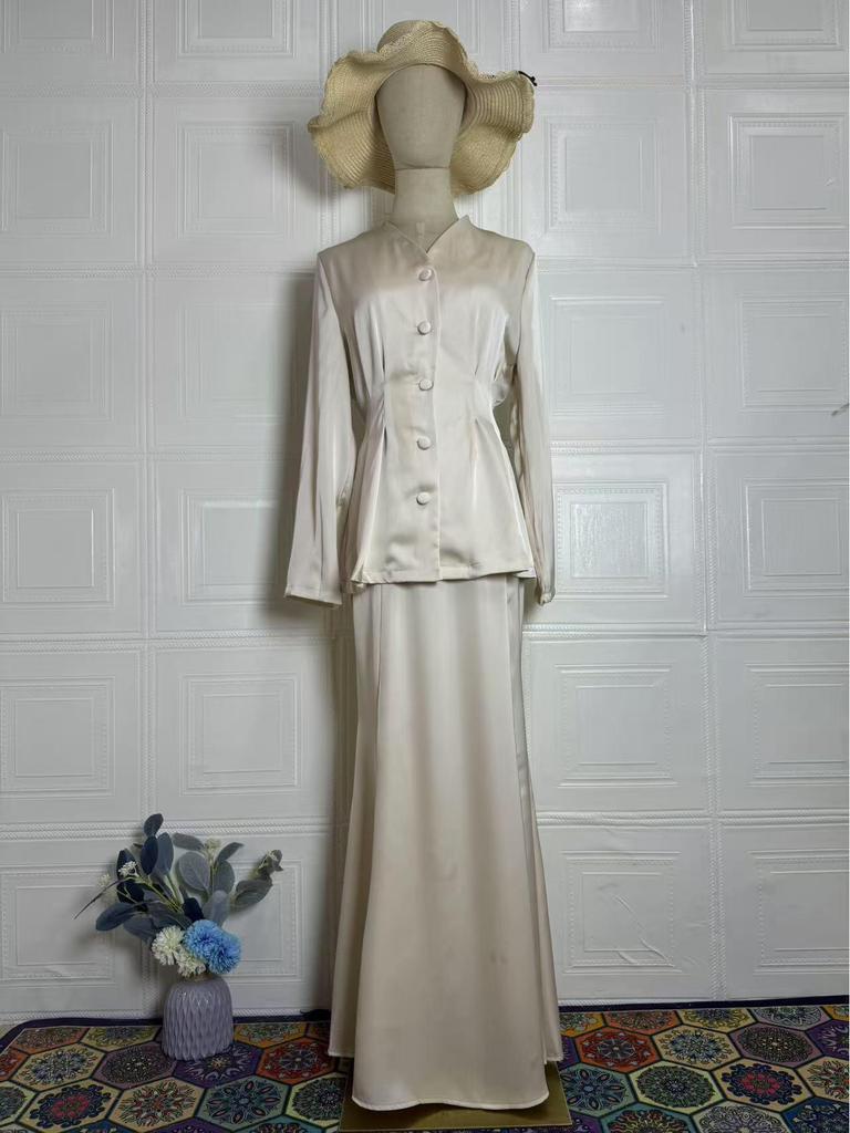 2025 Spring Elegant Retro Women's Solid Color Long Sleeve Top and Skirt Set