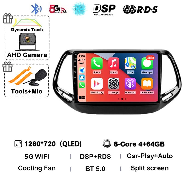 Android 14 Carplay Auto Car Radio For Jeep Compass 2017 2018 2019 GPS Navigation Stereo Multimedia Video Player 360 Camera WIFI