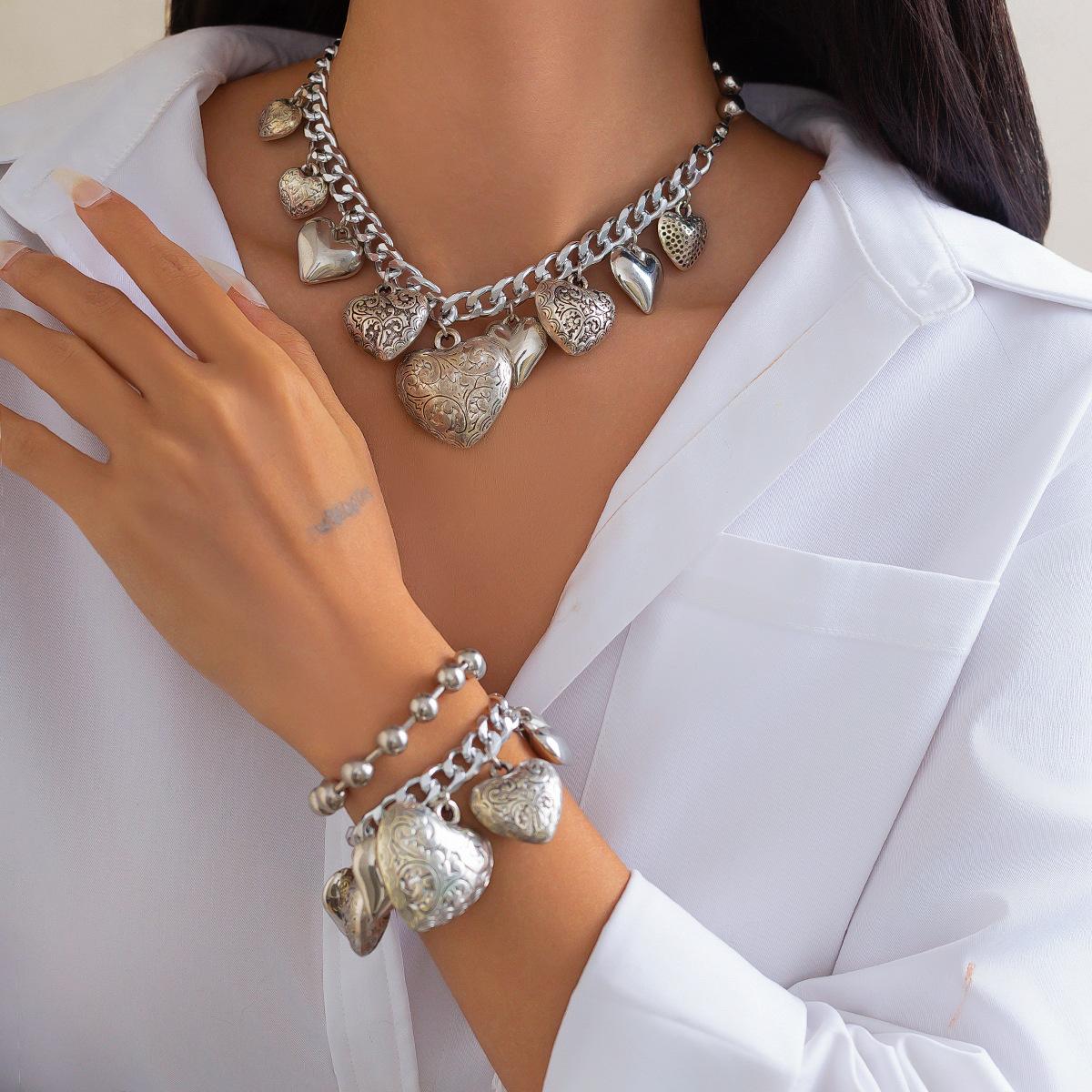 

Винтажный принт с подвеской в виде сердца любви, ожерелье, браслет с подвесками, женский панк-кубинский воротник, цепочка, массивный чокер, комплект украшений в стиле гранж