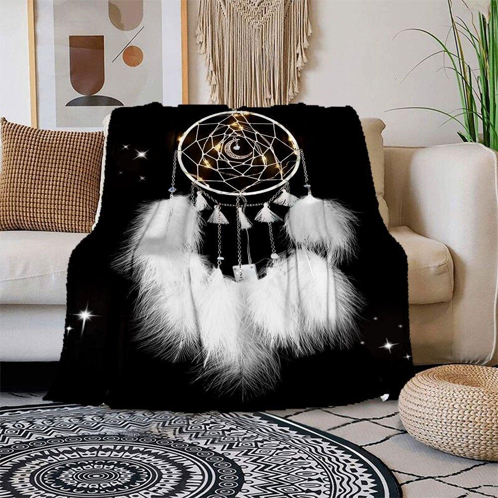 

White Dream Catcher with Feathers - Handmade Moon Star Wall Hanging Decoration for Home Bedroom Car Decor GiftBlanket Flannel Throw Blanket 150x180cm