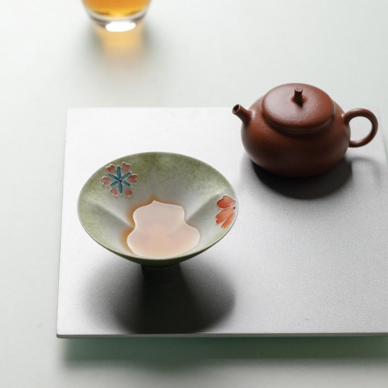 Hand-painted Ceramic Tea Cup Small Green Tangerine Floral Design Fulu Qiankun Lovers