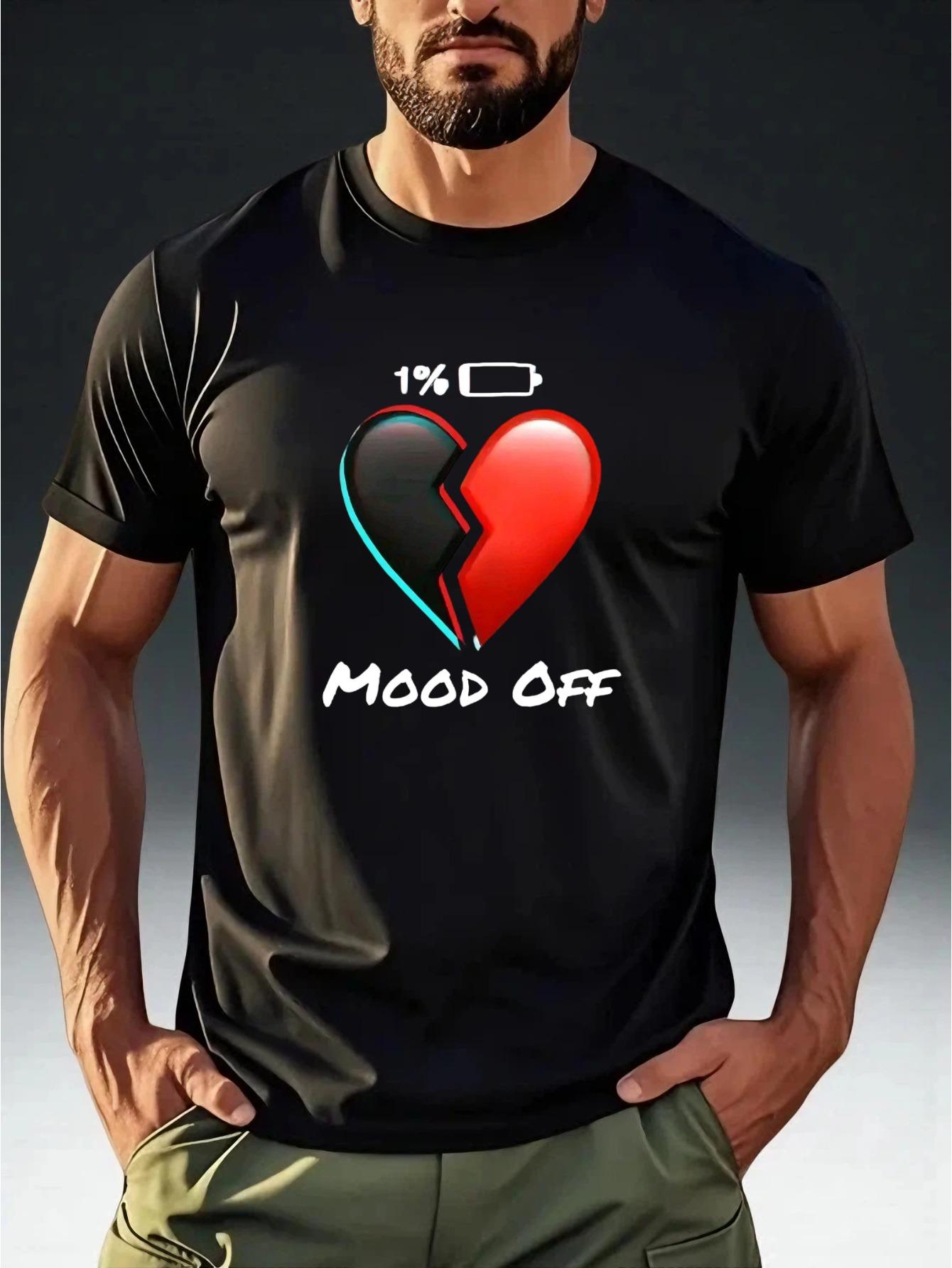 Men s MOOD OFF Broken Heart Print T-Shirt - Casual Short Sleeve Tee with Cracked Heart Symbol & MOOD OFF Logo L