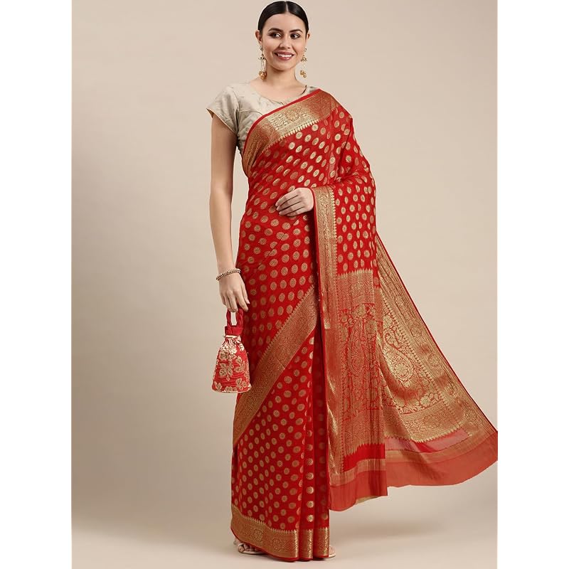 RANI SAAHIBA Women' Georgette Silk Resham Woven Saree With Blouse Piece (SSKR10187 Red)