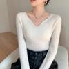 Women's Slimming Ribbed Wool V-neck Cashmere Sweater: Solid Color, Long Sleeve, Casual Knitwear