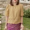 ZANZEA Women Summer Round Neck Half Sleeve Casual Embroidery Blouse