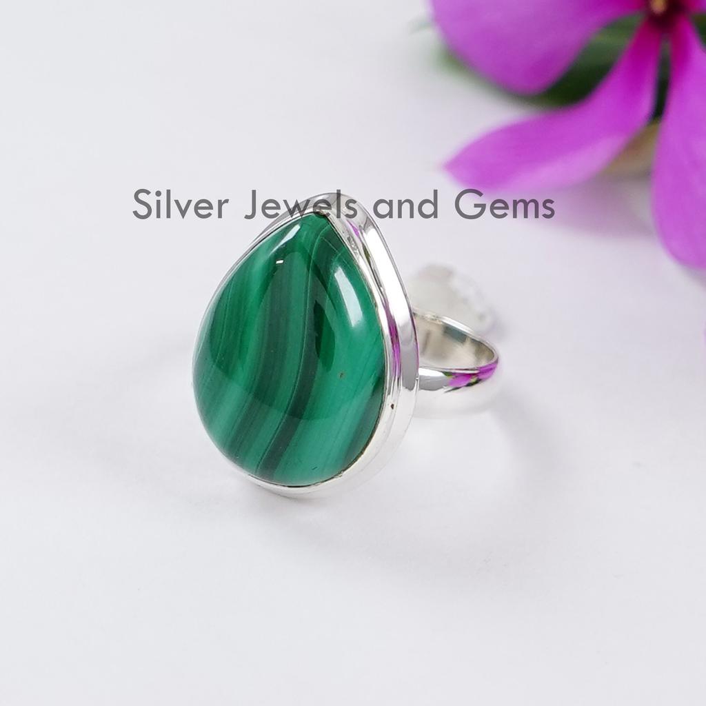 Genuine Malachite Ring, 925 Sterling Silver Ring, Teardrop Ring, Gift for Mother, Scorpio Birthstone Ring, Handmade Ring