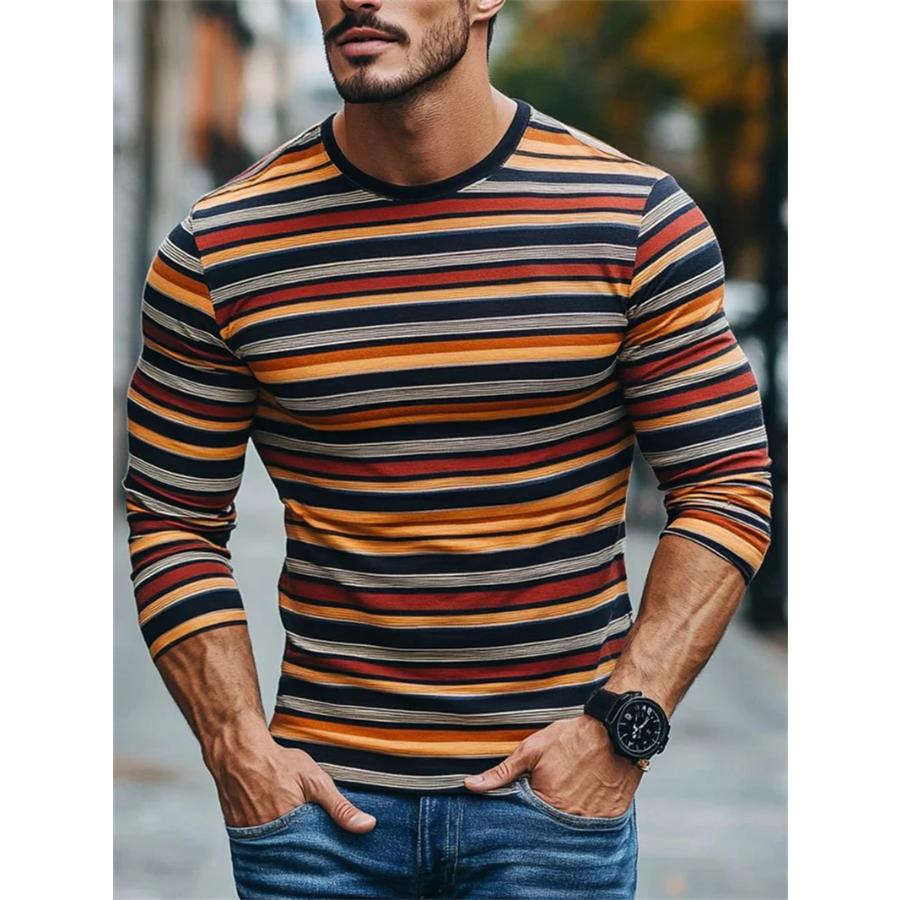 T-shirt a Maniche Lunghe Grafiche a Strisce Retro da Uomo Moda Semplice Primavera Autunno T-shirt Stampate 3D Magliette Casual Oversize