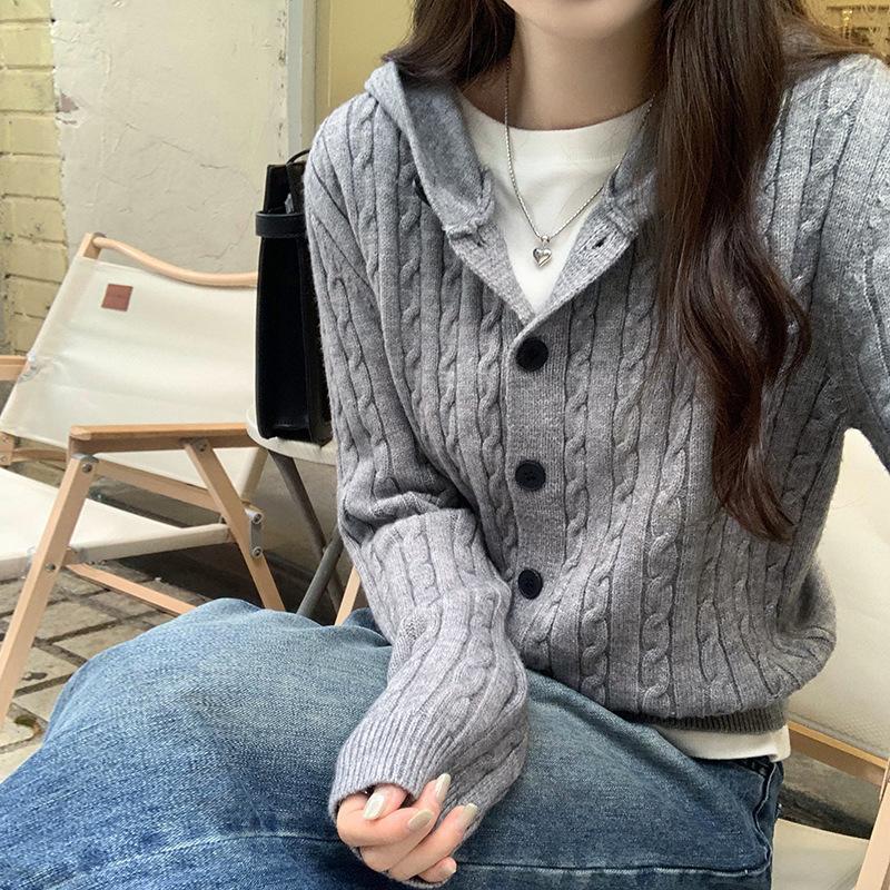 Autumn and winter new design hooded long-sleeved knitted cardigan jacket women's thin solid color temperament versatile top trendy