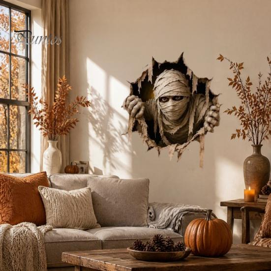 Seasonal Glass Door Stickers Halloween Break-in 3D Wall Decals, Spooky Breaking Through Walls Sticker, Illusion Indoor Outdoor Party Supplies