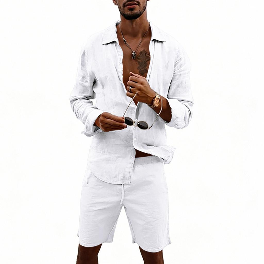 Men's Cotton And Linen Casual Long-Sleeve And Shorts Set
