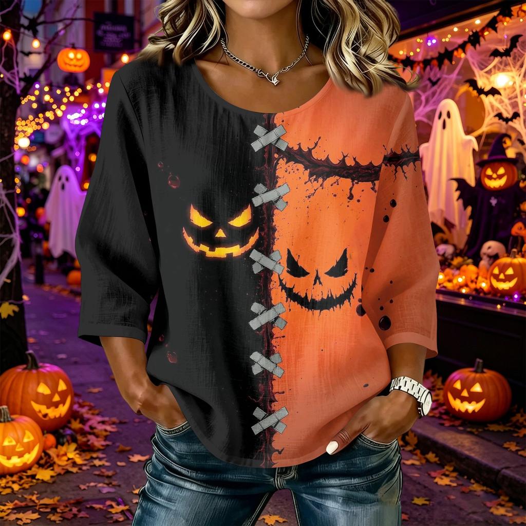 Women Casual Halloween Printed Round Neck Three Quarter Sleeve Linen Blend Top Lightweight Comfortable Autumn Blouse