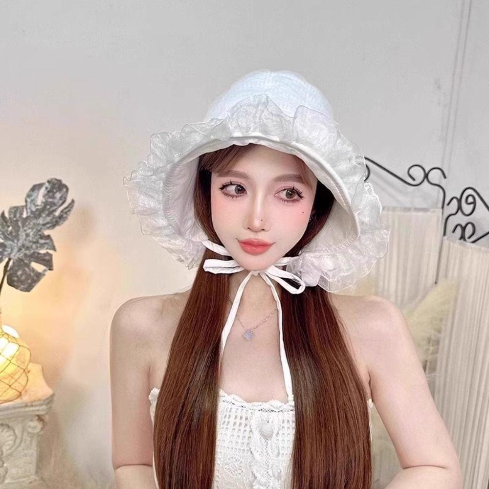 White Lace Bucket Hat Summer Visor Basin Cap Ins Fisherman Hat  Outdoor