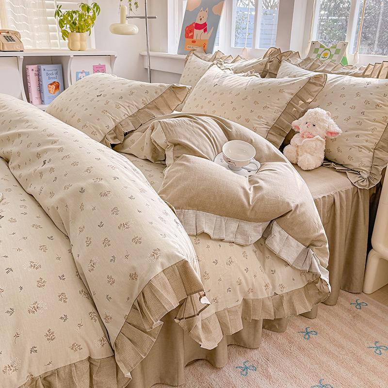 Fairy-Style Cotton Ruffled Bed Skirt & Pastoral Duvet Cover Set