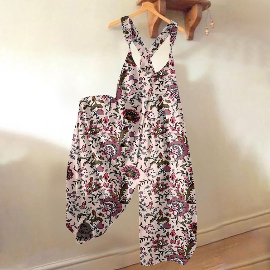 Damen Sommer Overalls Blumendruck Vintage Jumpsuit (Nicht verstellbare Träger)